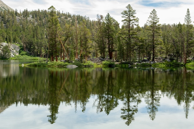 Бесплатное фото Деревья леса отражаются в озерах биг-пайн-лейкс, калифорния, сша.