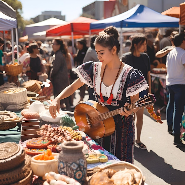 Бесплатное фото Украинская женщина в традиционной одежде играет на гитаре на блошином рынке