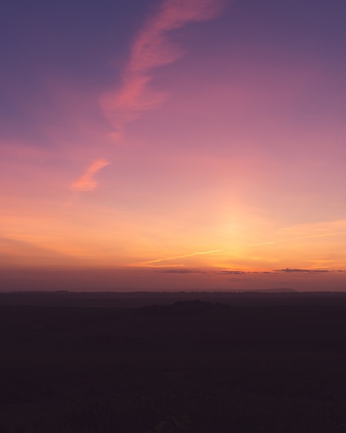 Бесплатное фото Вертикальный снимок поля под захватывающим пурпурным небом