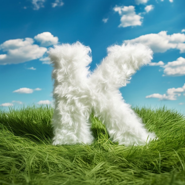 Free photo view of 3d letter k with white feathers in grass