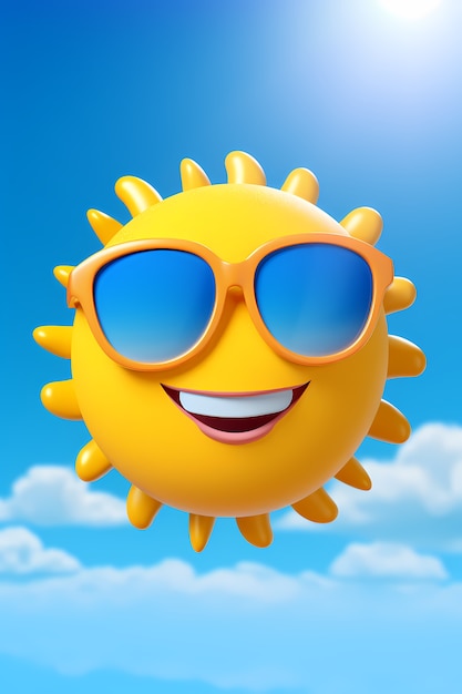 Free photo view of 3d smiley and happy sun with sky background