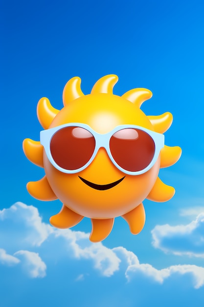 Бесплатное фото Вид на 3d смайлик и счастливое солнце на фоне неба