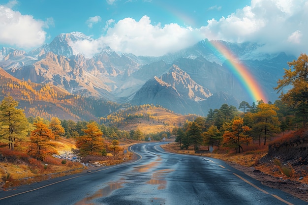 Бесплатное фото Красивая радуга, появляющаяся в конце дороги