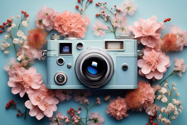 Бесплатное фото Вид камеры с цветущими весенними цветами