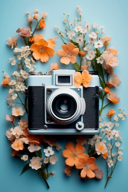 Бесплатное фото Вид камеры с цветущими весенними цветами