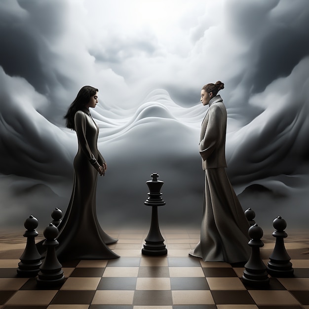 Бесплатное фото Вид на драматические шахматные фигуры с женщинами