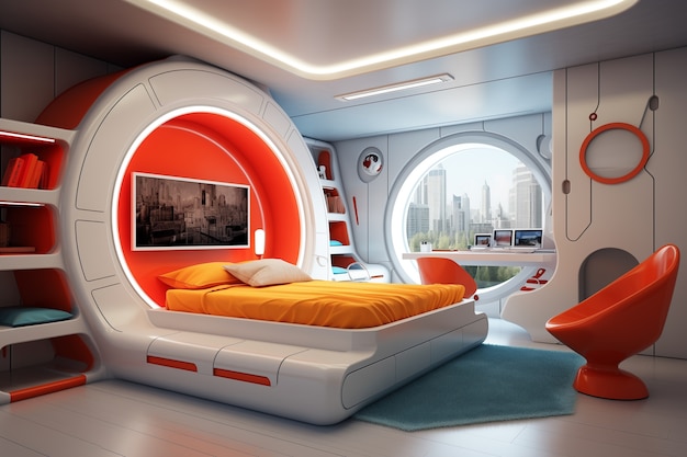 무료 사진 가구 가 있는 미래적 인 침실 의 전망