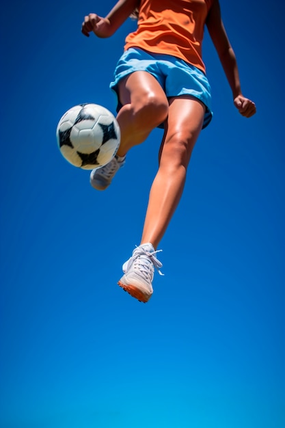 Бесплатное фото Вид футболиста, прыгающего в воздух с мячом