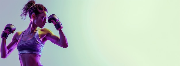 Бесплатное фото Вид женщины с фиолетовыми боксерскими перчатками на празднование дня женщины