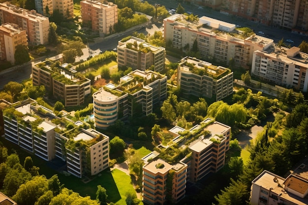 Вид на город с многоквартирными домами и зеленой растительностью