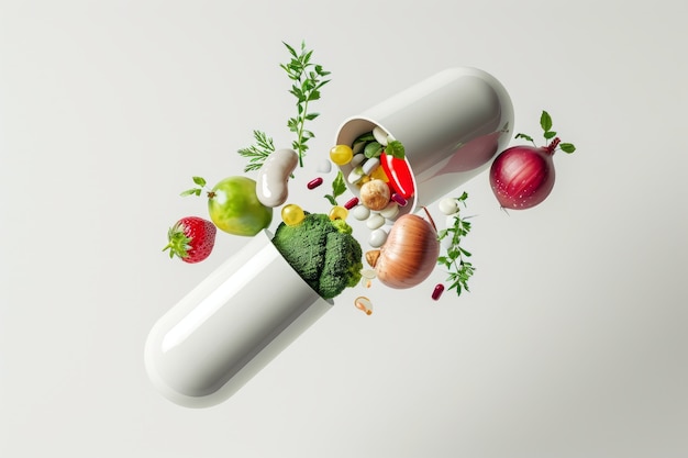 Free photo view of healthy food incased in pill shaped container