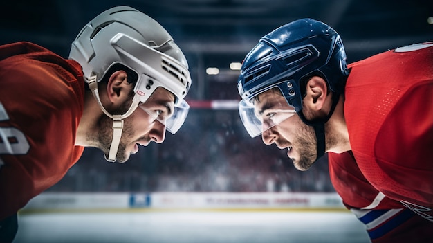 Вид игроков в хоккей на льду, противостоящих друг другу