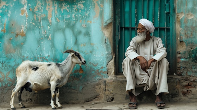 Free photo view of photorealistic muslim people with animals prepared for the eid al-adha offering