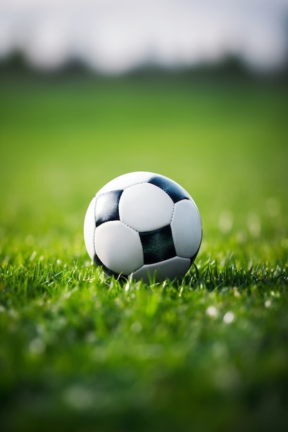 フィールドの芝生の上のサッカー ボールの眺め