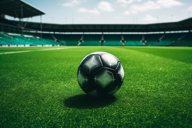 フィールドの芝生の上のサッカー ボールの眺め