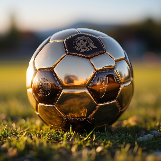 Вид на футбольный мяч на травяном поле