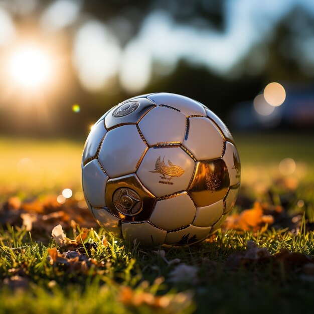 Вид на футбольный мяч на травяном поле