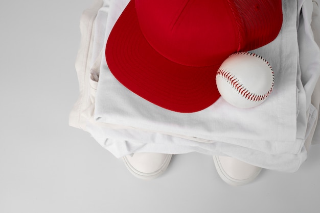 View of trucker hat with baseball equipment