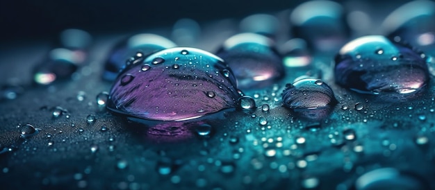Капли воды или дождевая вода на сине-фиолетовом бирюзовом мягком фоне AI Generated Image