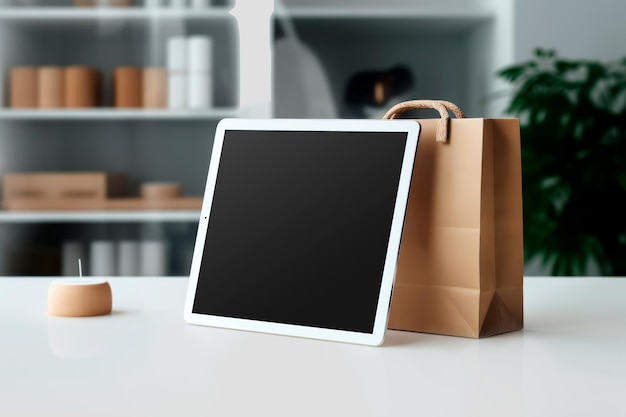 Free photo white tablet resting on paper bag on white surface