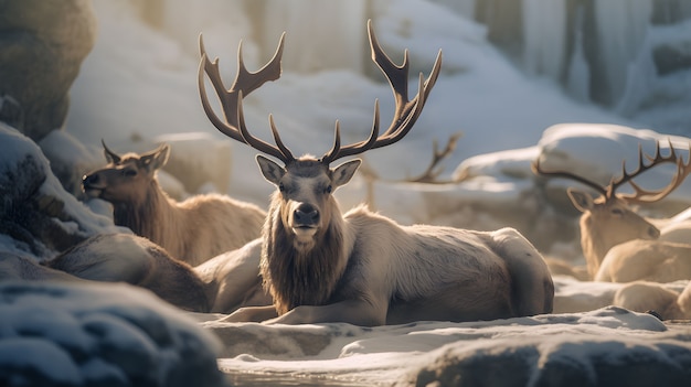 Free photo wild elk animal with winter nature landscape