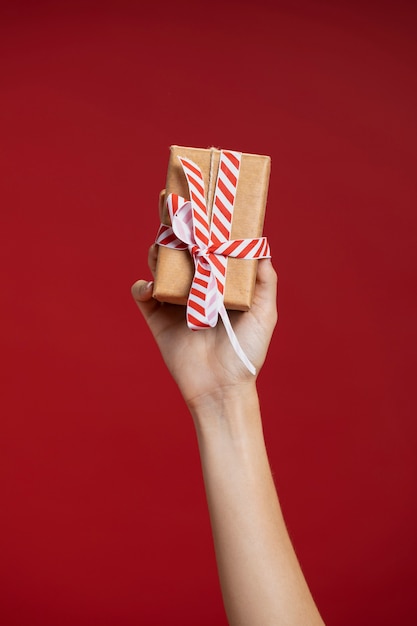 Free photo woman holding up a wrapped gift