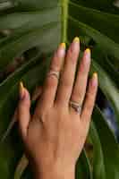 Free photo woman showing her nail art on fingernails against monster leaf