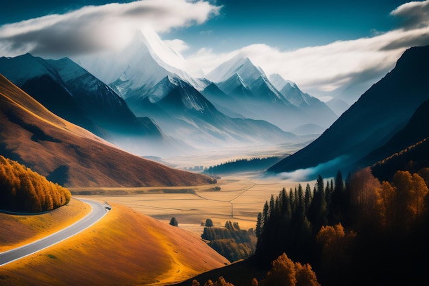 Бесплатное фото Горный пейзаж с автомобилем, едущим по дороге.