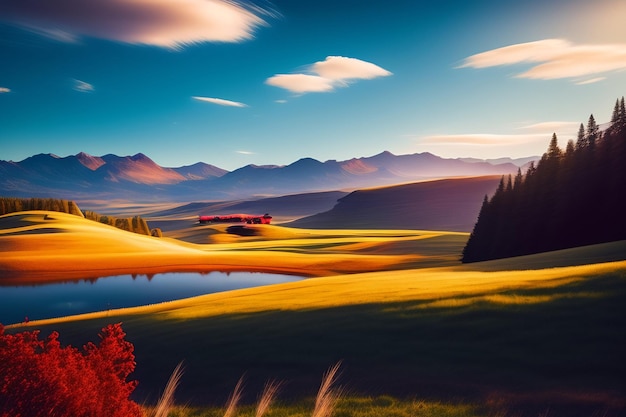 Бесплатное фото Горный пейзаж с озером и горами на заднем плане