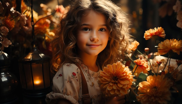 무료 사진 인공지능에 의해 생성된 자연의 아름다움을 즐기는 꽃을 들고 미소 짓는 귀여운 소녀