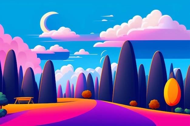 Бесплатное фото Красочная иллюстрация дороги с деревьями и луной в небе.