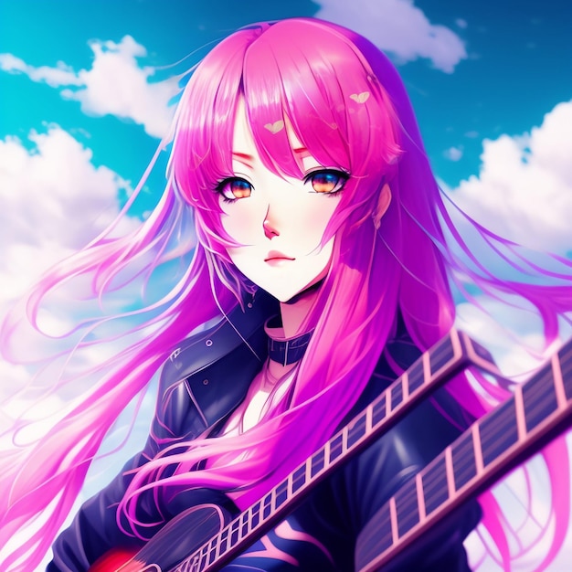 Бесплатное фото Девушка с розовыми волосами и гитарой в руках.