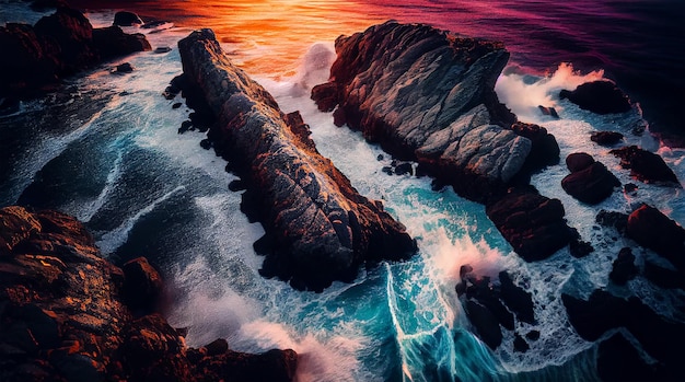 Бесплатное фото Картина скал в океане с заходящим за ними солнцем.
