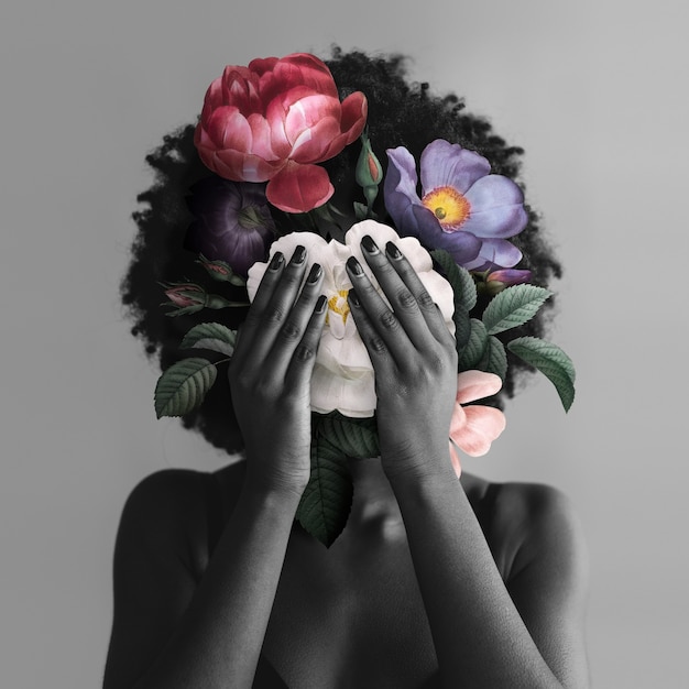 Free photo african american woman with flowers blm movement social media post