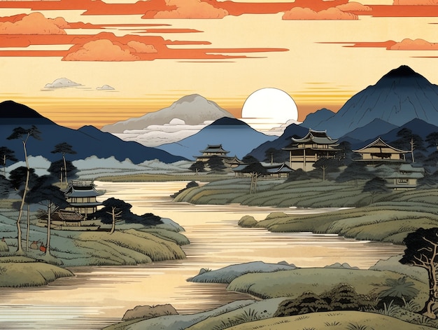 Бесплатное фото Древний японский фон в стиле цифрового искусства