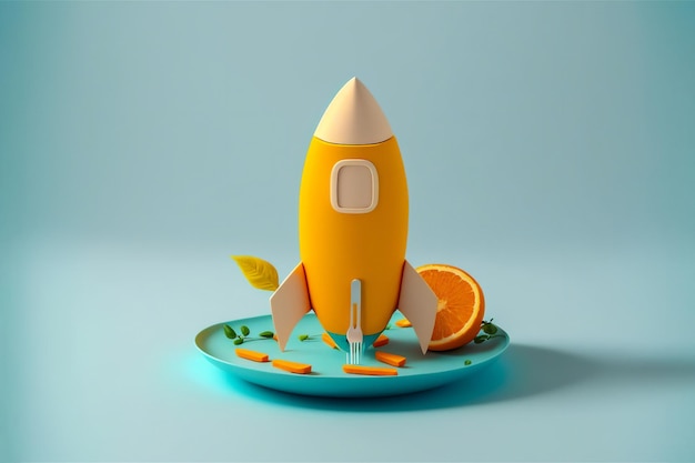 Бесплатное фото Художественная концепция желтой ракеты на синей тарелке, изолированной на градиентном фоне