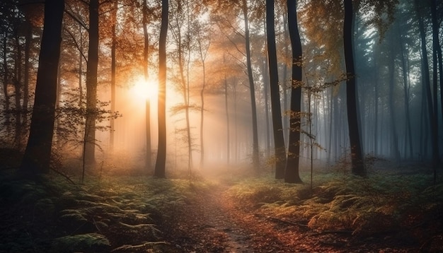 Осенний солнечный свет освещает загадочную лесную фэнтезийную сцену, созданную искусственным интеллектом
