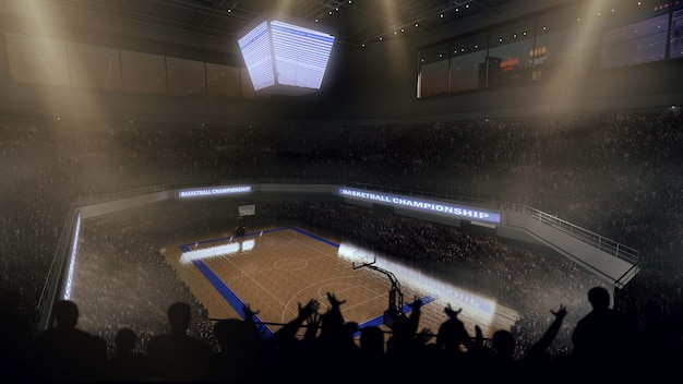 Foto gratuita campo da basket con fan di persone l'arena sportiva rende l'illustrazione 3d
