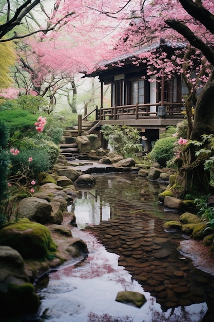 Бесплатное фото Красивый дом, окруженный цветами.