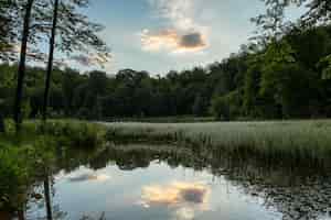 Бесплатное фото Красивый снимок с высоким углом зеленого пейзажа, отражающегося в озере гош, армения