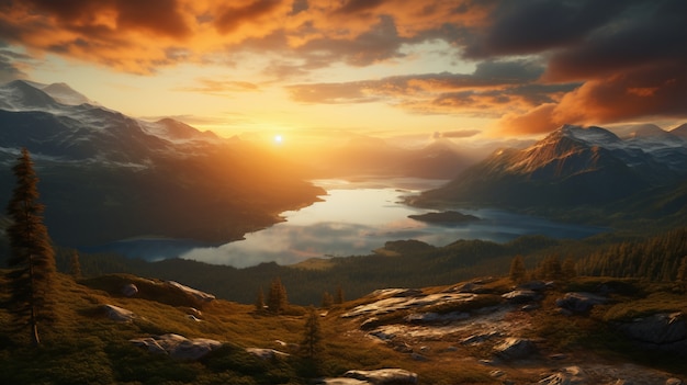 Бесплатное фото Красивый природный ландшафт с горами и озером