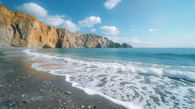 Бесплатное фото Красивый природный пейзаж с черным песчаным пляжем и океаном