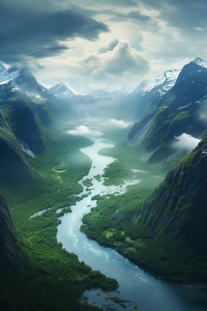 Бесплатное фото Красивый природный ландшафт с рекой и горами