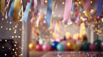 Бесплатное фото Вечеринка по случаю дня рождения с подвесными лентами и гирляндой в украшенной комнате