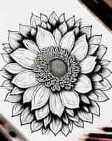 Free photo a black and white drawing of a flower with a light colored pencil.