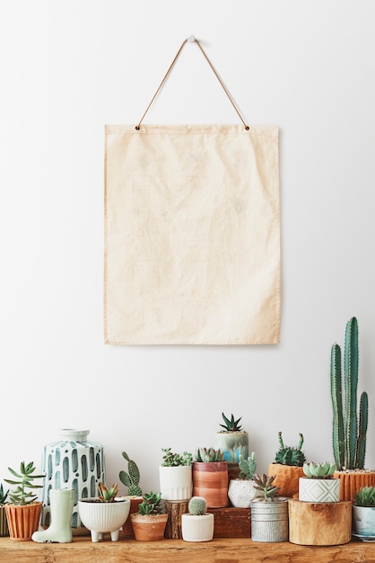Free photo blank canvas poster hanging over a shelf full of cacti and succulents