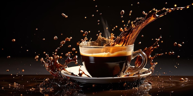 Free photo brown coffee droplets fly around a cup in a chaotic yet artistic splash