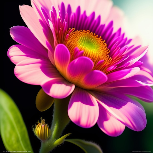 Free photo a bright pink flower with a yellow center and a green stem.