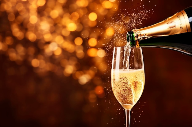 Бесплатное фото Бутылка шампанского, наливающая шампанское в бокалы для шампанского на блестящем и золотом фоне