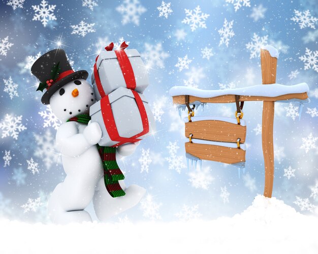 Новогодний фон снеговика, несущего подарки со снежным знаком